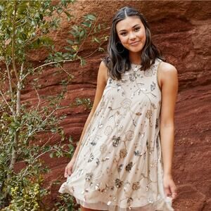 NWT Altar'd State Ivory Beaded Sequin Mini Dress L Boho Fairycore Prom Spring